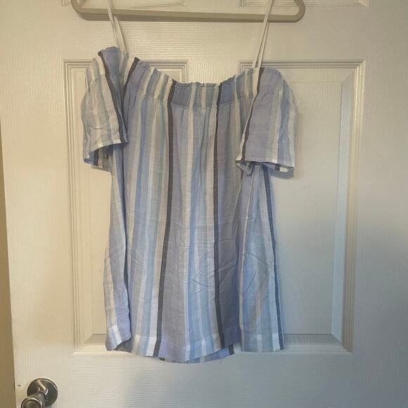 Cloth And Stone Off The Shoulder Top Size Medium Blue And White Short Sleeve - Picture 1 of 13